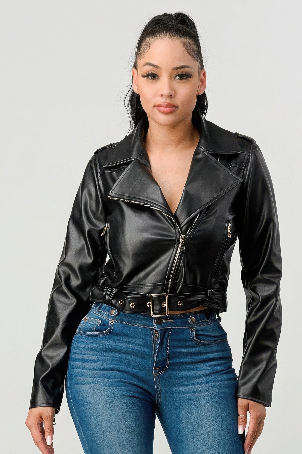 Black Zipped Up Faux Leather Jacket