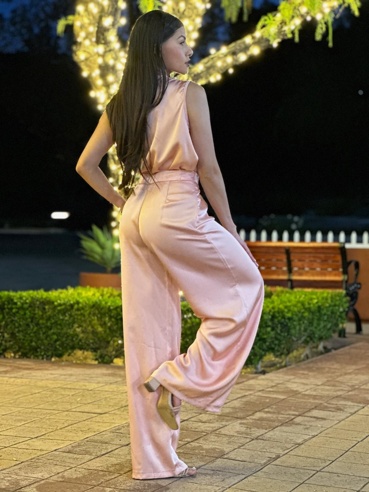 Pink Wide Leg Satin Pant Set