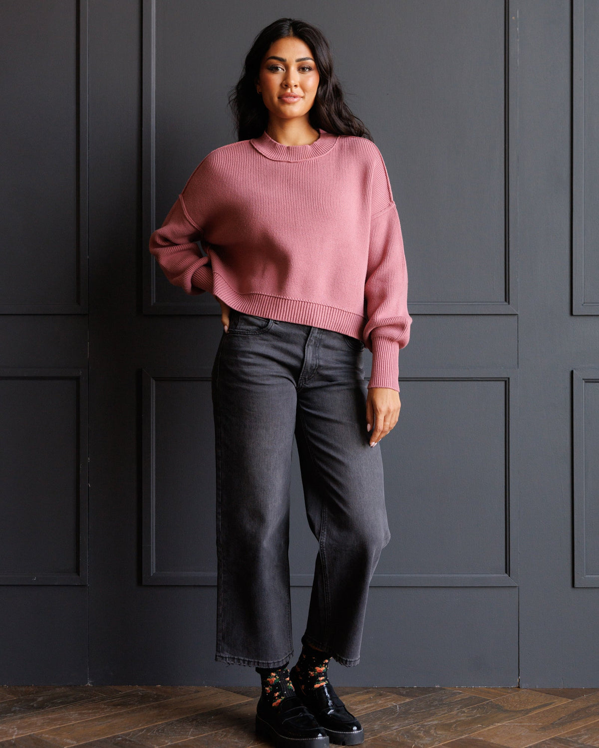 Dusty Rose Dropped Shoulder Pullover Sweater