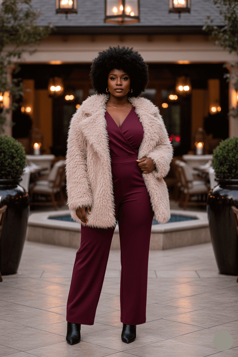 Woman in a pink fur coat and burgundy outfit standing in an outdoor setting.