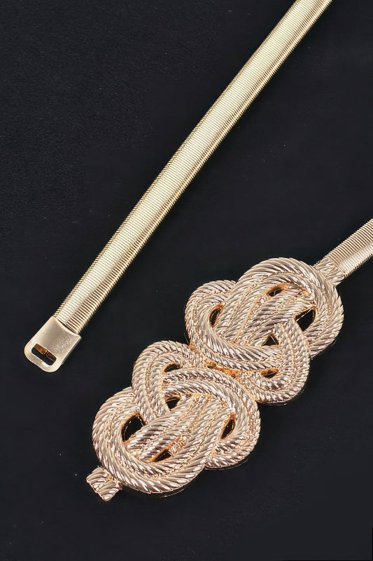 Gold belt with braided design on a black background