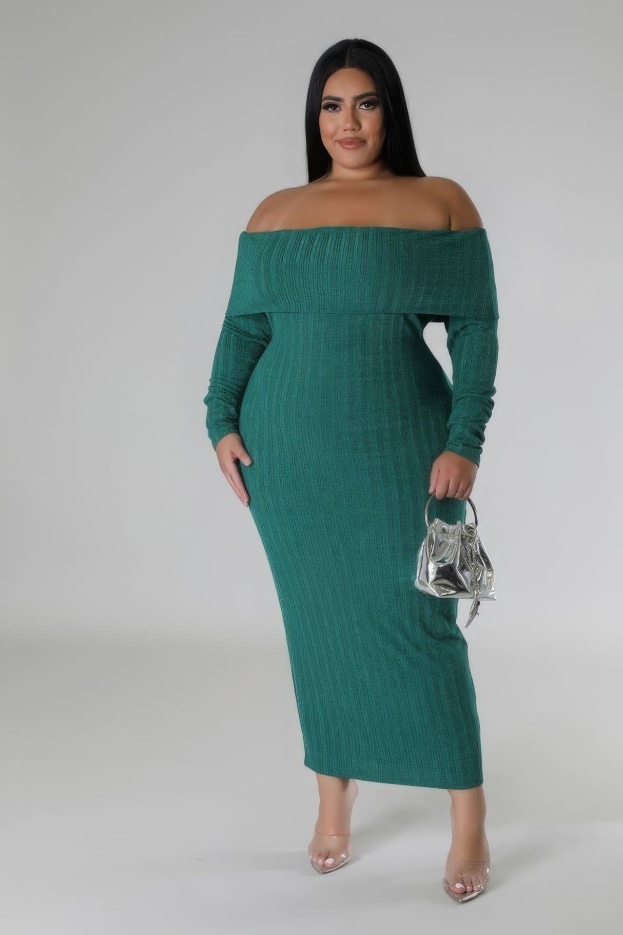 green Plus Size Long Sleeve Off Shoulder Maxi Dress