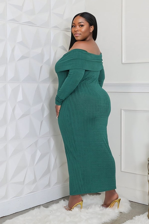 green Plus Size Long Sleeve Off Shoulder Maxi Dress side view