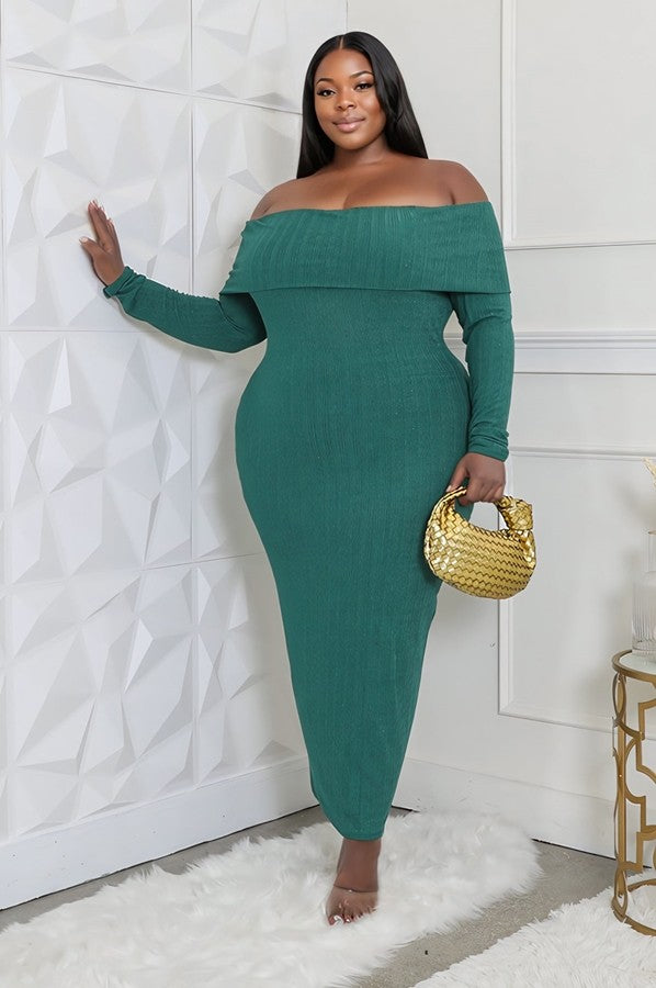 green Plus Size Long Sleeve Off Shoulder Maxi Dress front view