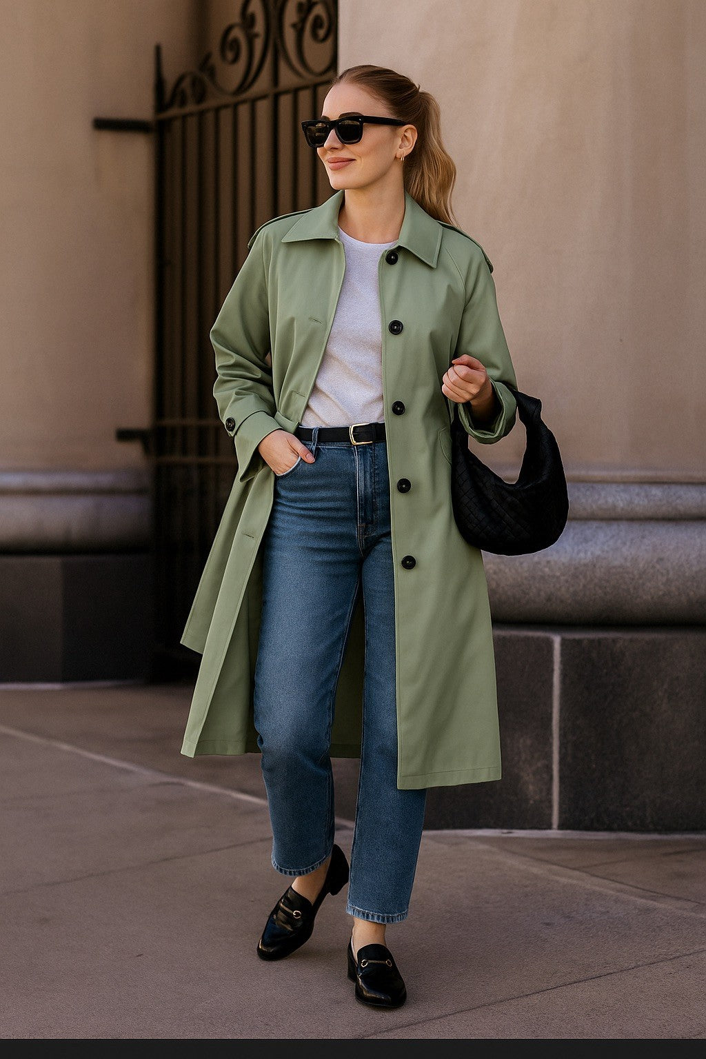 green Classic Lined Trench Coat