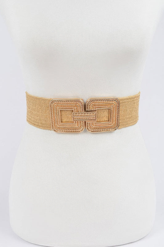 Beige woven belt on a mannequin with a white background