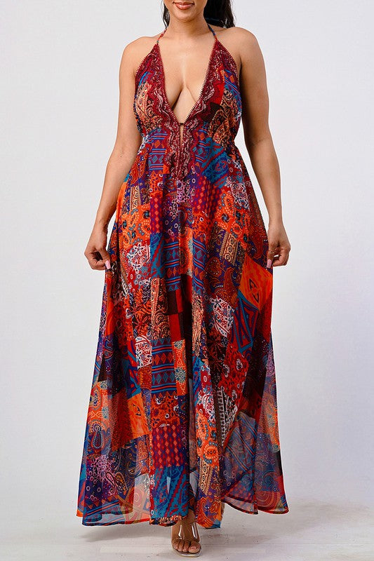 multi color Boho Print Sequin Trim Maxi Dress
