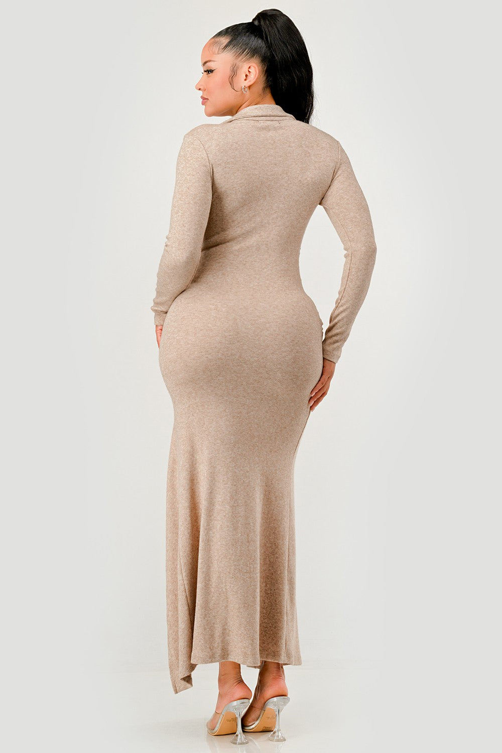 Mocha Ribbed Long Sleeve Tie Front Maxi Dress