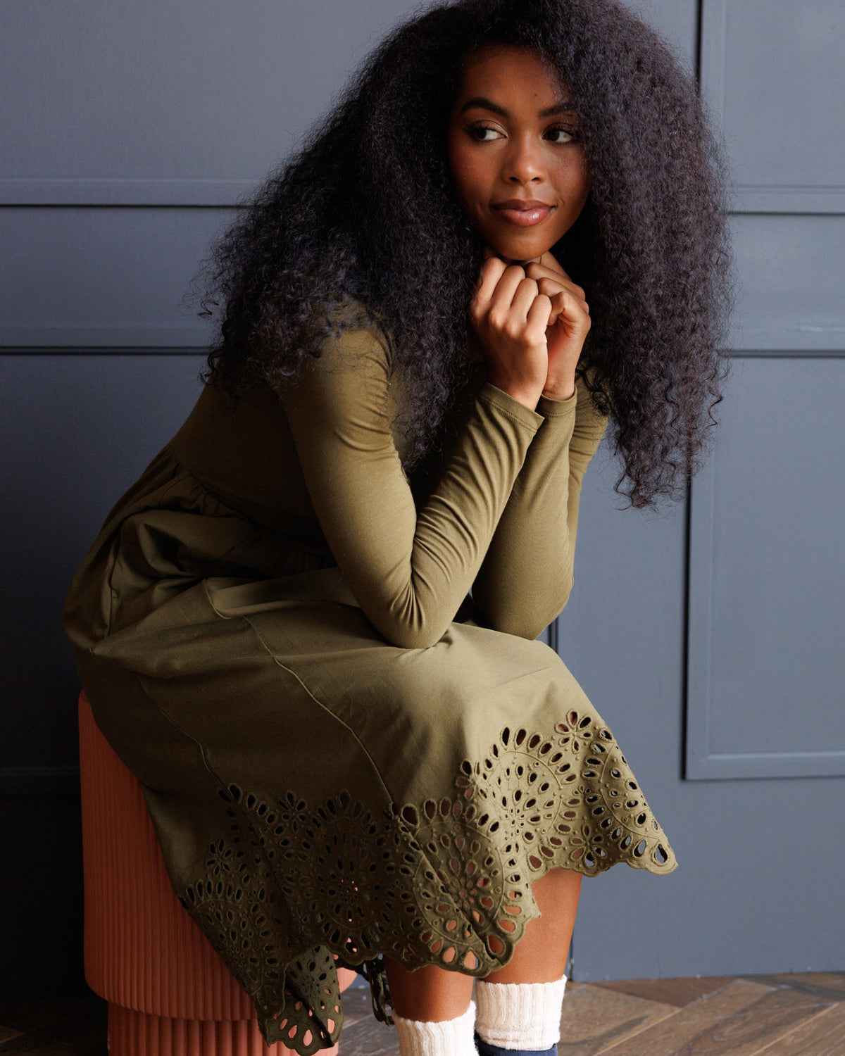 Olive Green Eyelet Hem Maxi Dress