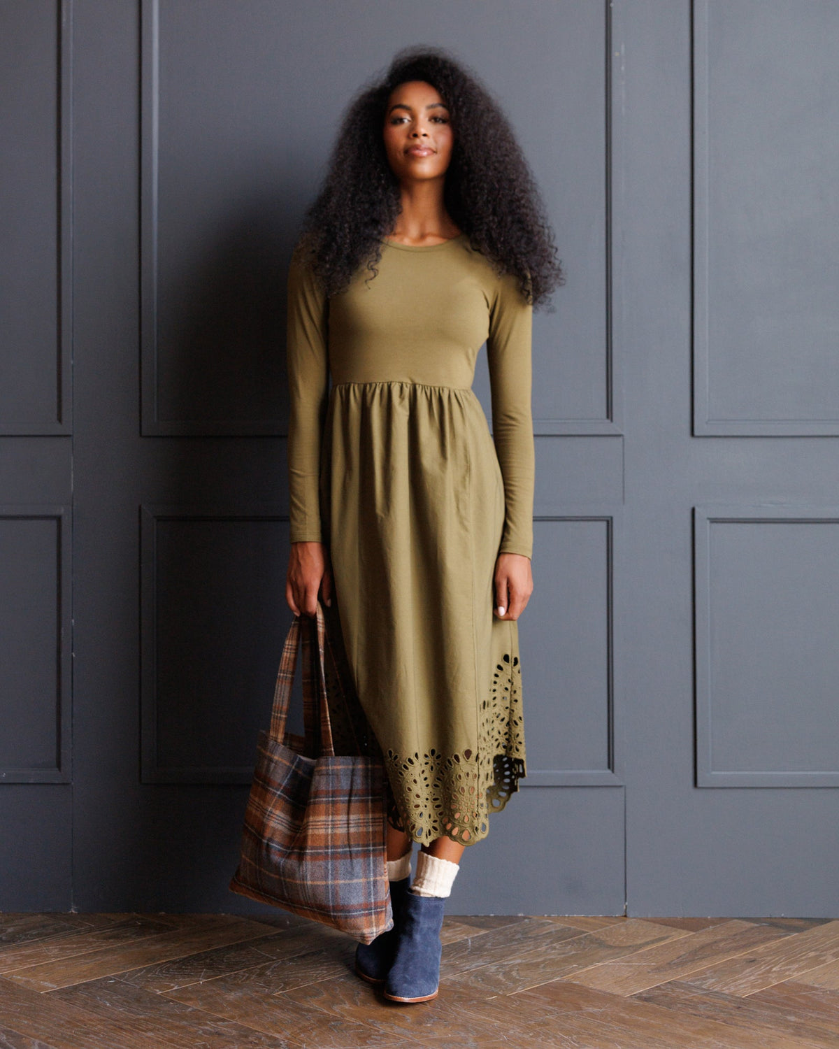Olive Green Eyelet Hem Maxi Dress