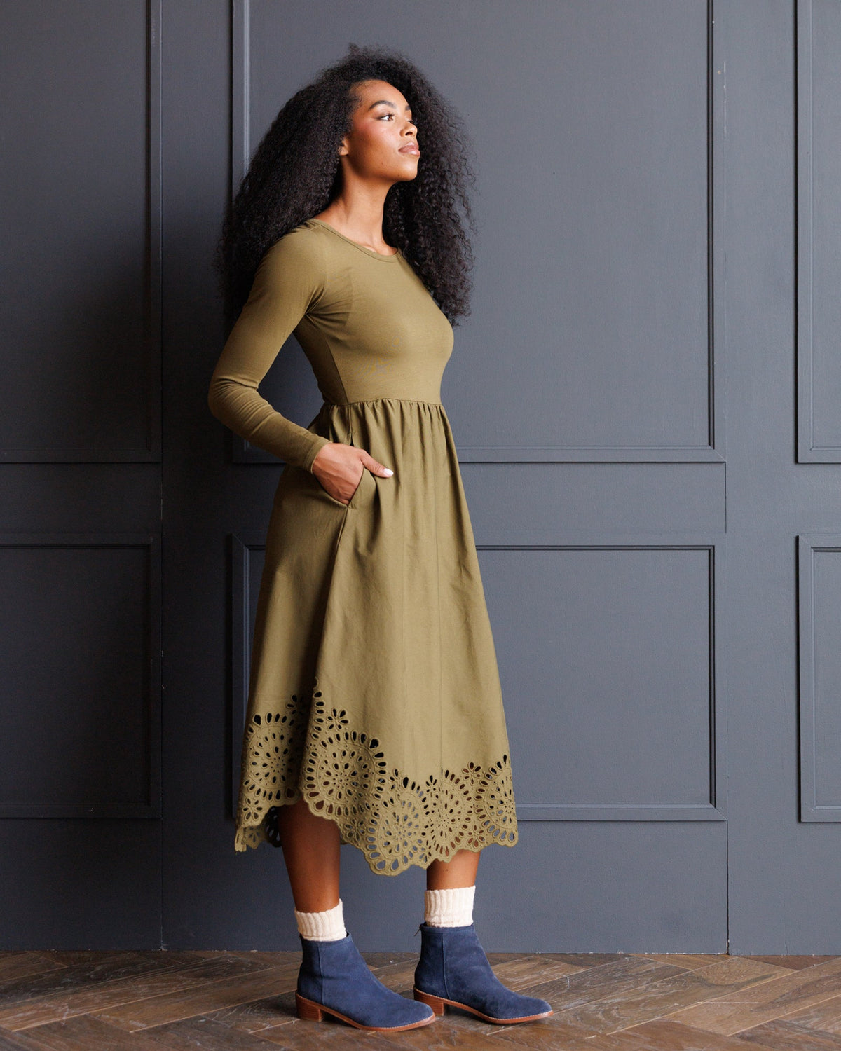 Olive Green Eyelet Hem Maxi Dress