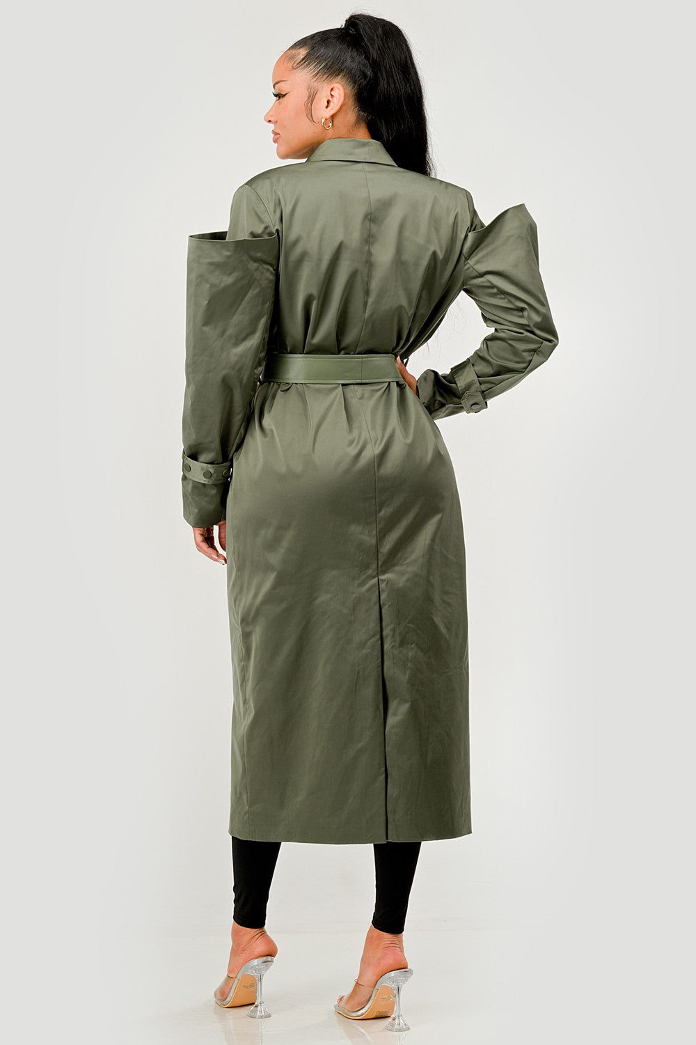 Olive Green Longline Trench Coat with Belt