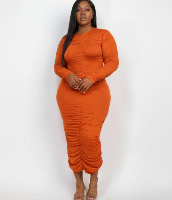 orange Plus Size Long Sleeve Ruched Midi Dress