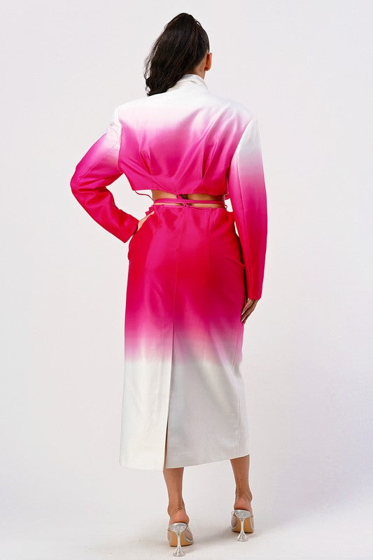 Person wearing a pink and white gradient outfit on a white background