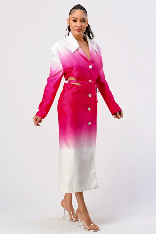 Woman wearing a pink and white gradient dress on a white background