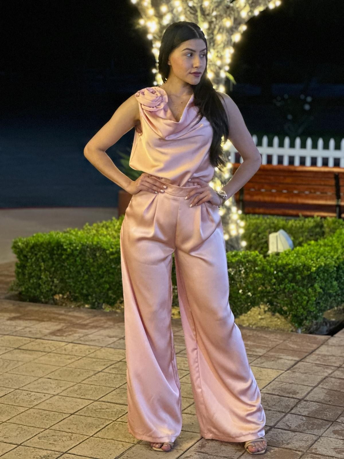 Pink Wide Leg Satin Pant Set