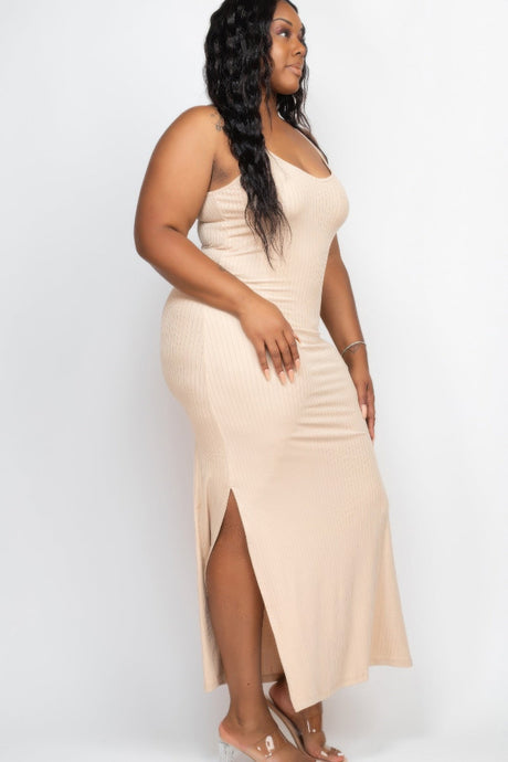 khaki Plus Size Ribbed Side Slit Long Cami Maxi Dress side view