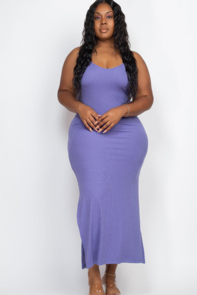 lavender Plus Size Ribbed Side Slit Long Cami Maxi Dress front view