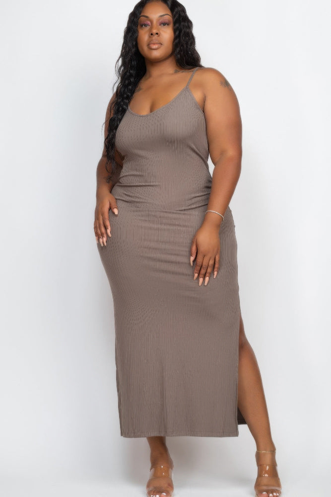 taupe Plus Size Ribbed Side Slit Long Cami Maxi Dress