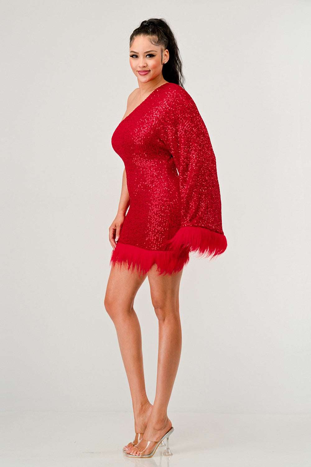 Azure Allure One-Shoulder Dress: Red Sequin Feather Party Mini Dress