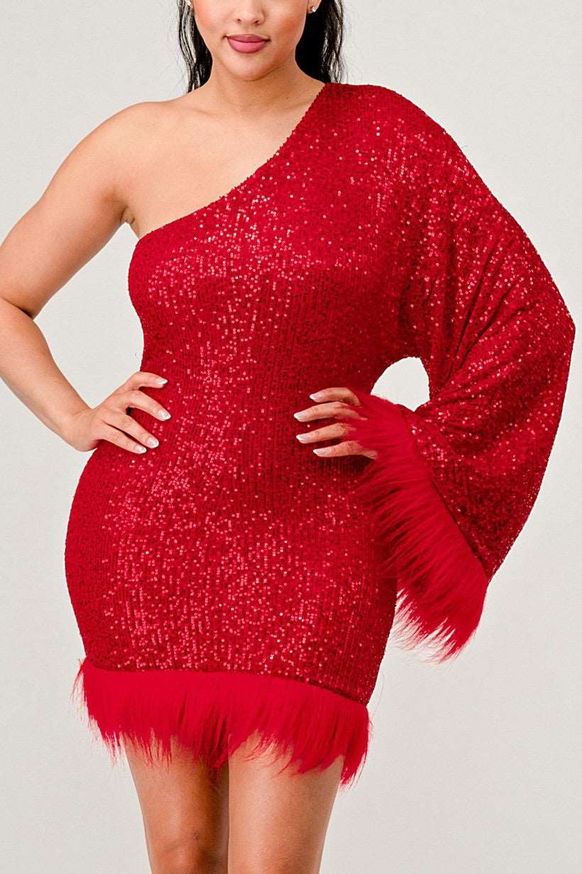 Azure Allure One-Shoulder Dress: Red Sequin Feather Party Mini Dress
