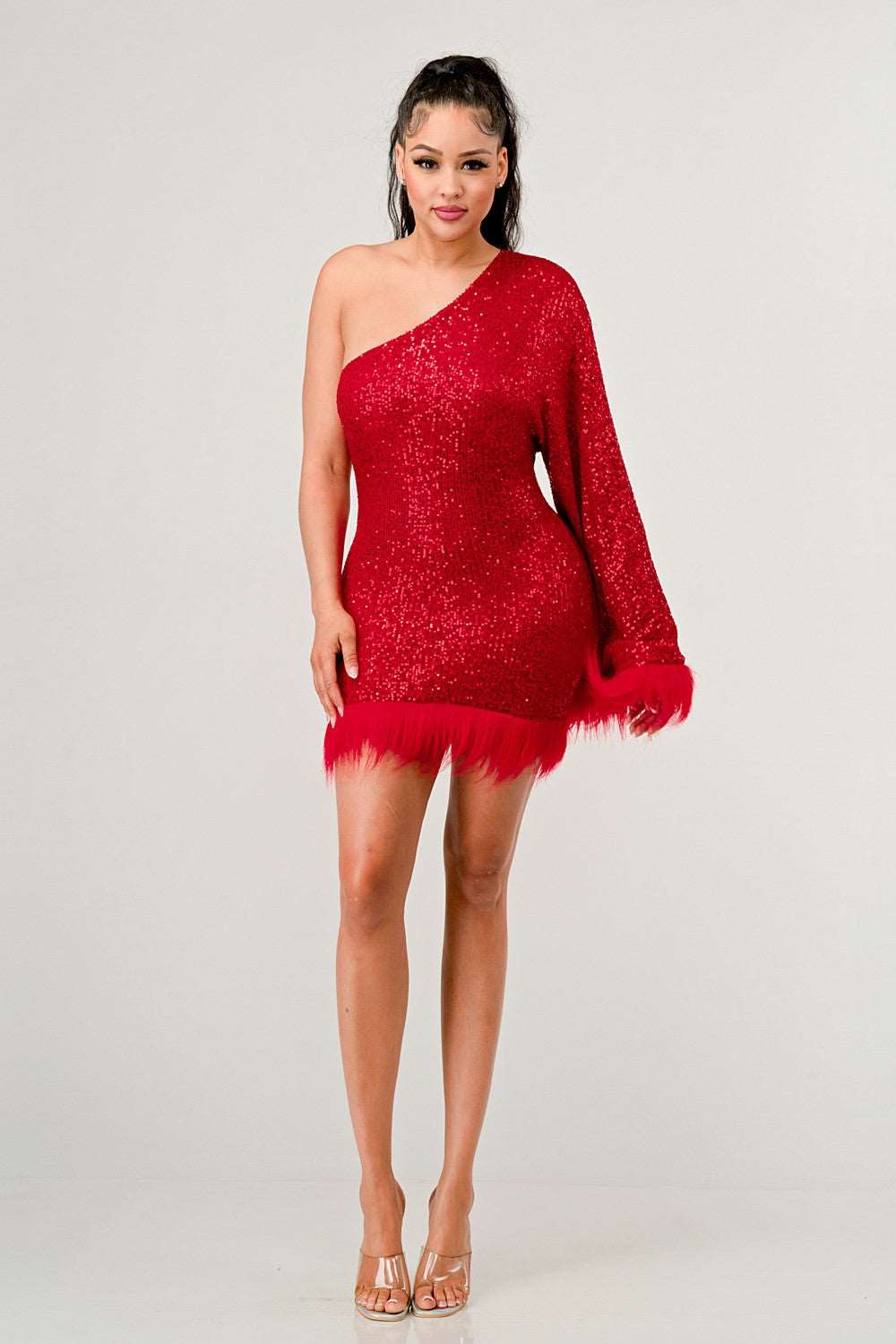Azure Allure One-Shoulder Dress: Red Sequin Feather Party Mini Dress