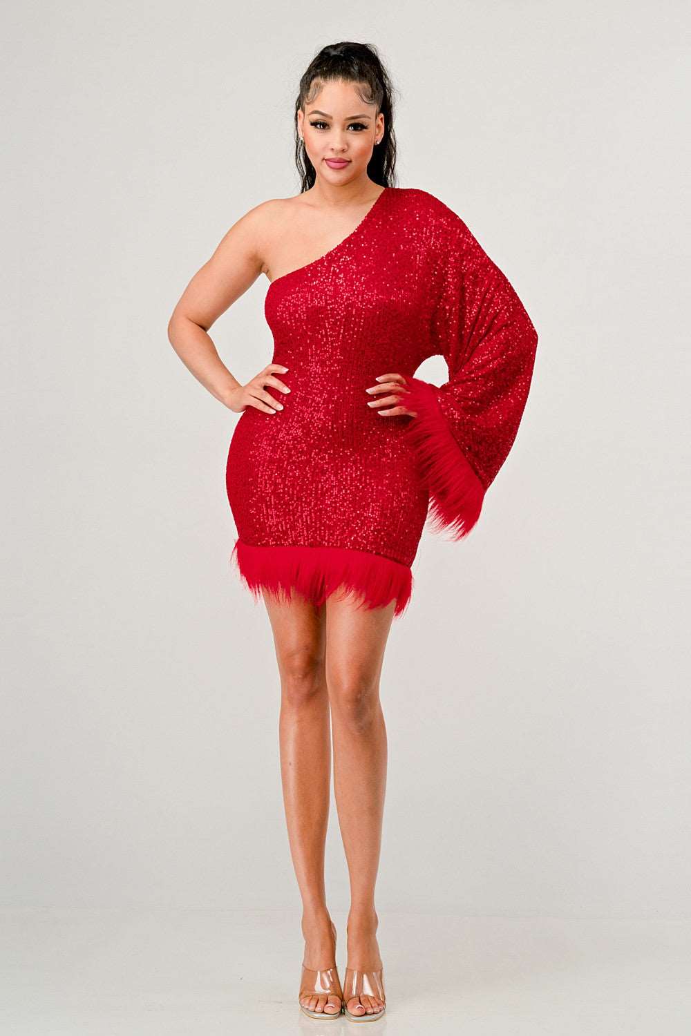 Azure Allure One-Shoulder Dress: Red Sequin Feather Party Mini Dress