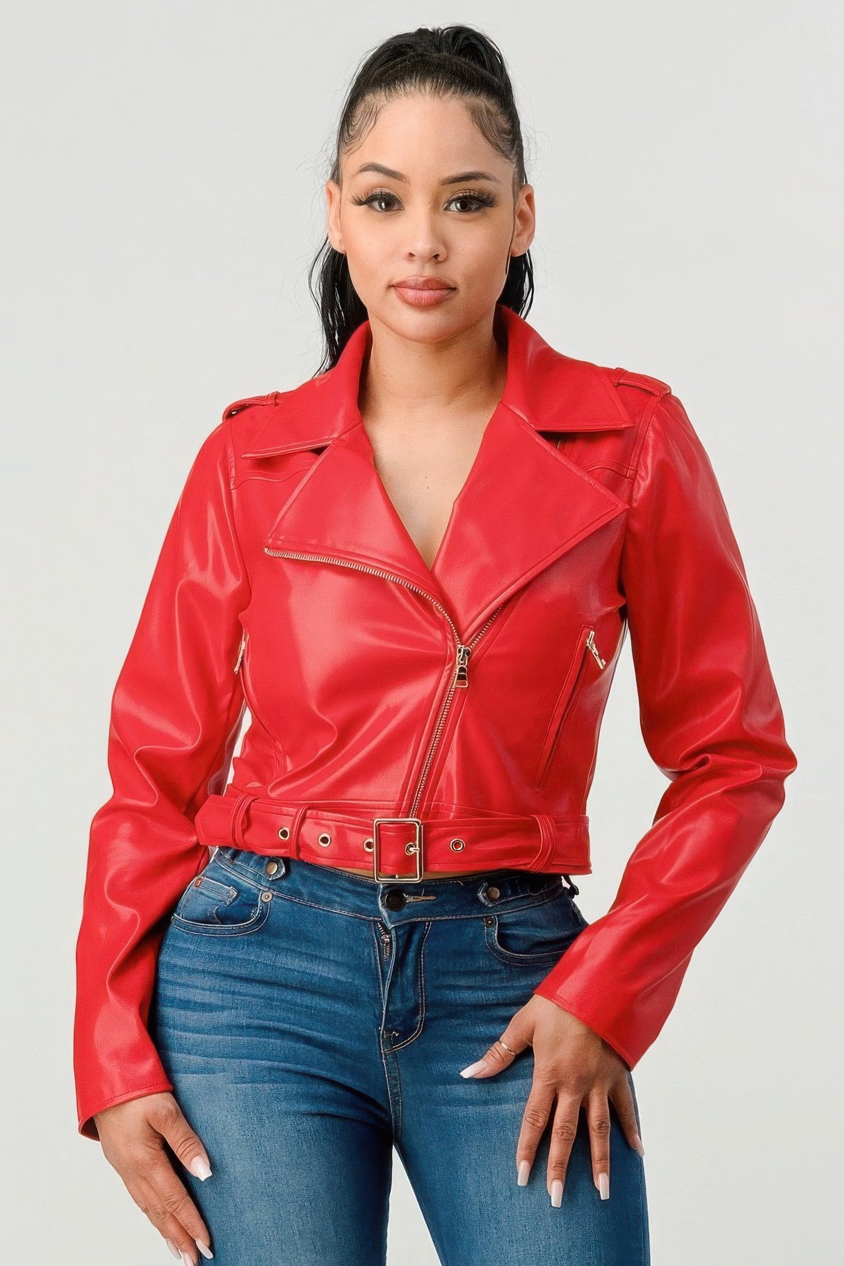 Red Zipped Up Faux Leather Jacket