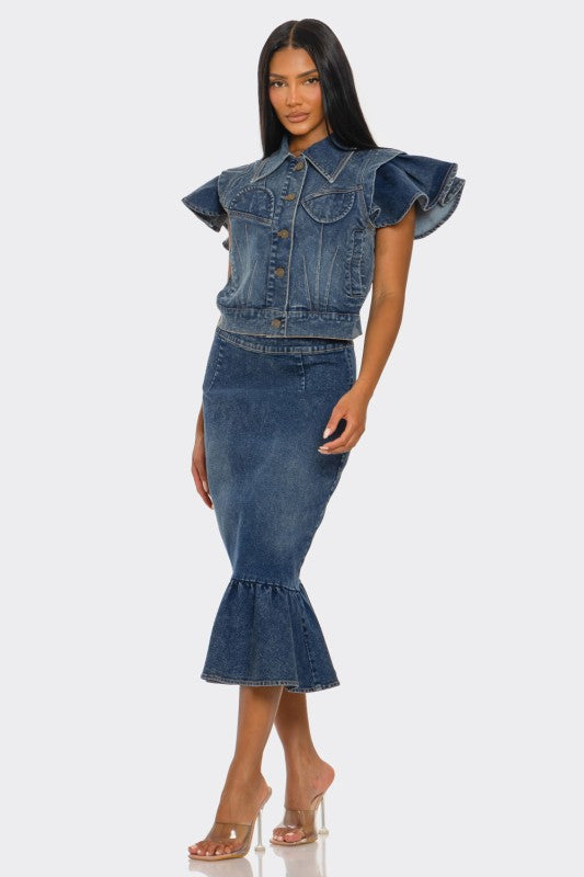 Woman wearing a denim outfit with a white background