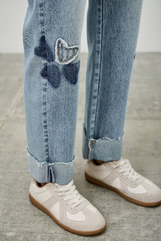 Star & Heart Patch High Rise Dad Jeans