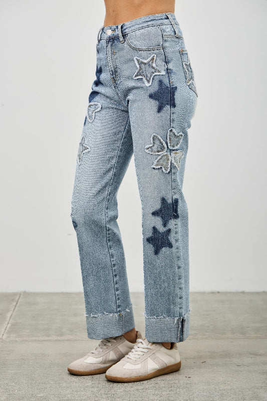 Star & Heart Patch High Rise Dad Jeans
