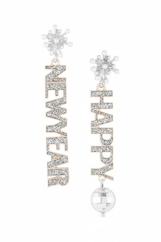 Earrings with 'NEW YEAR' and 'HAPPY NEW YEAR' text on a white background