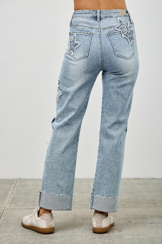 Star & Heart Patch High Rise Dad Jeans