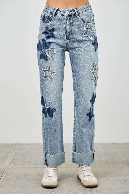 Star & Heart Patch High Rise Dad Jeans