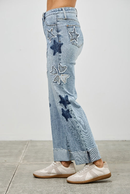 Star & Heart Patch High Rise Dad Jeans