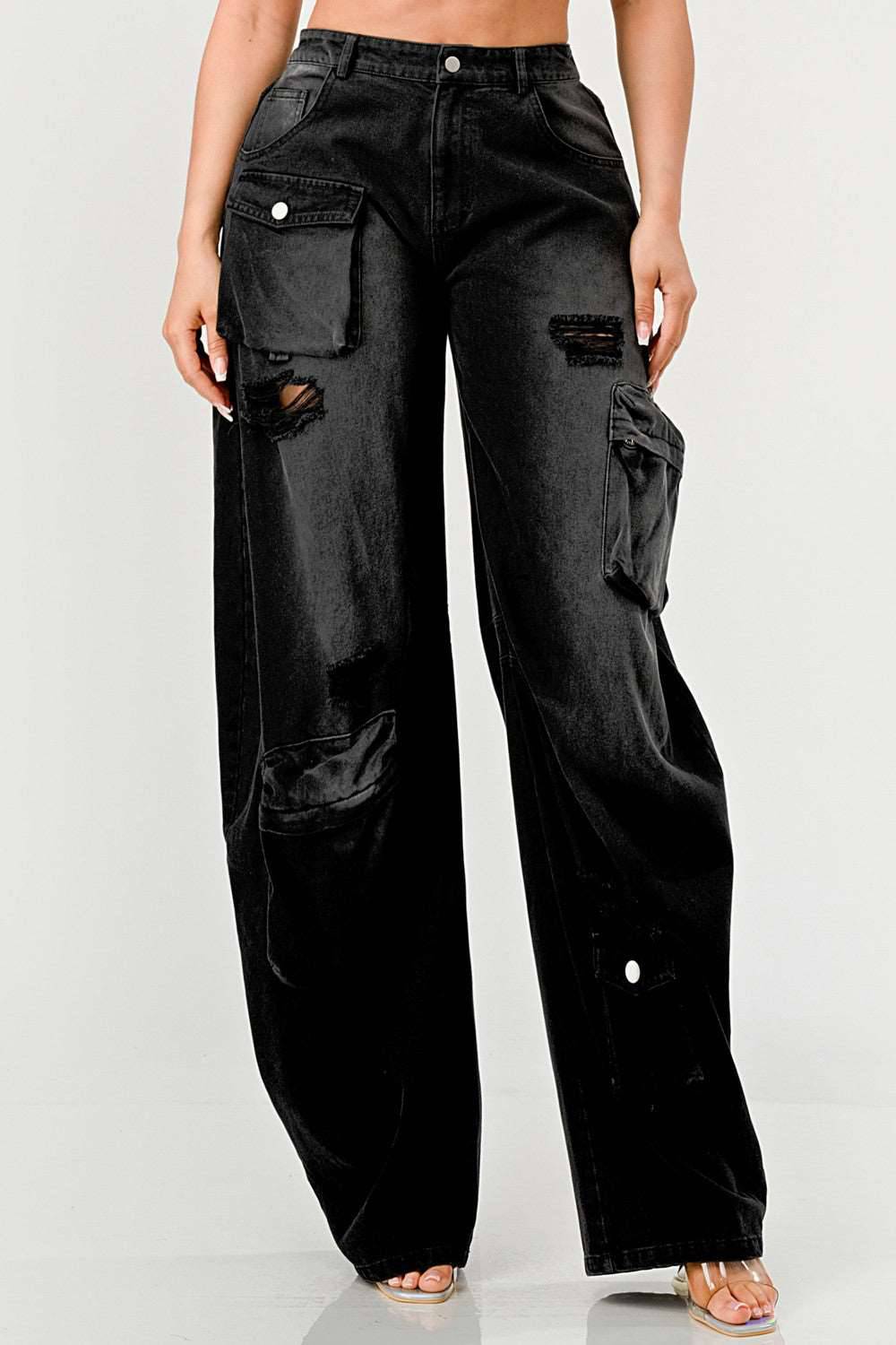 Black Washed Distressed Cargo Jeans: High Waist Loose Denim Pants