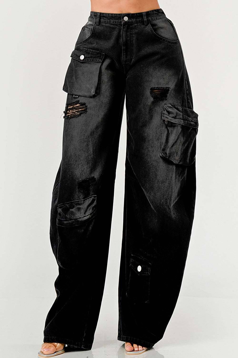 Black Washed Distressed Cargo Jeans: High Waist Loose Denim Pants