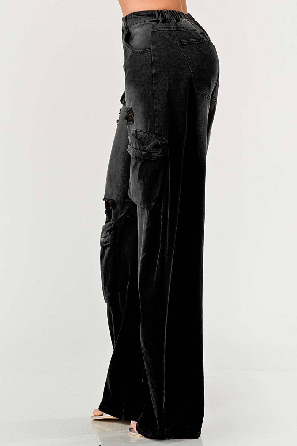 Black Washed Distressed Cargo Jeans: High Waist Loose Denim Pants