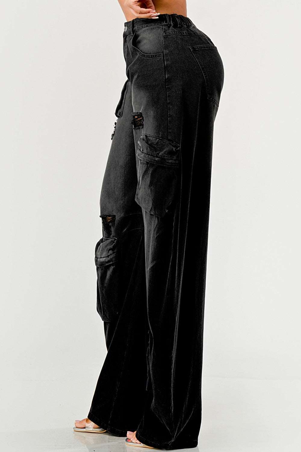 Black Washed Distressed Cargo Jeans: High Waist Loose Denim Pants