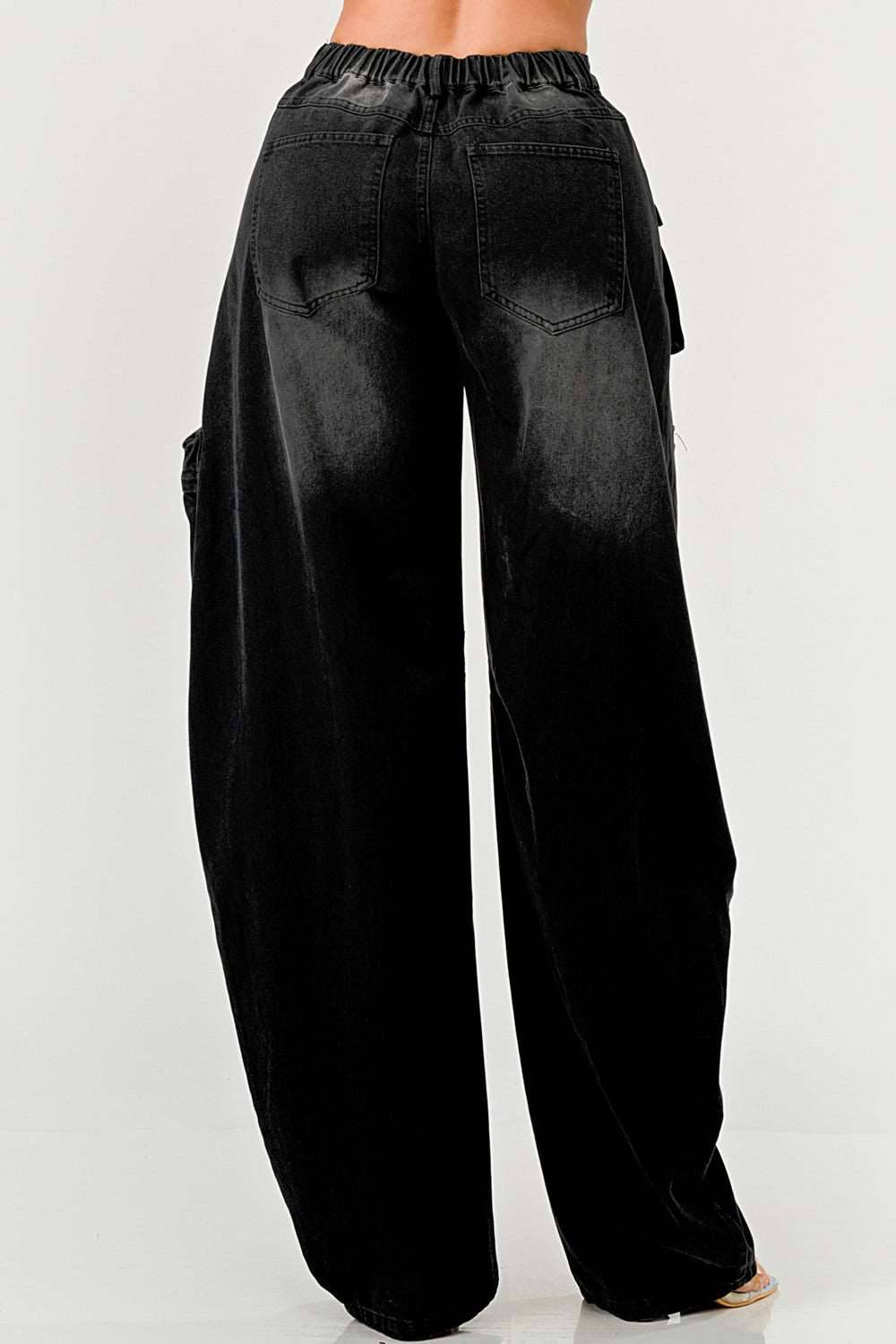 Black Washed Distressed Cargo Jeans: High Waist Loose Denim Pants