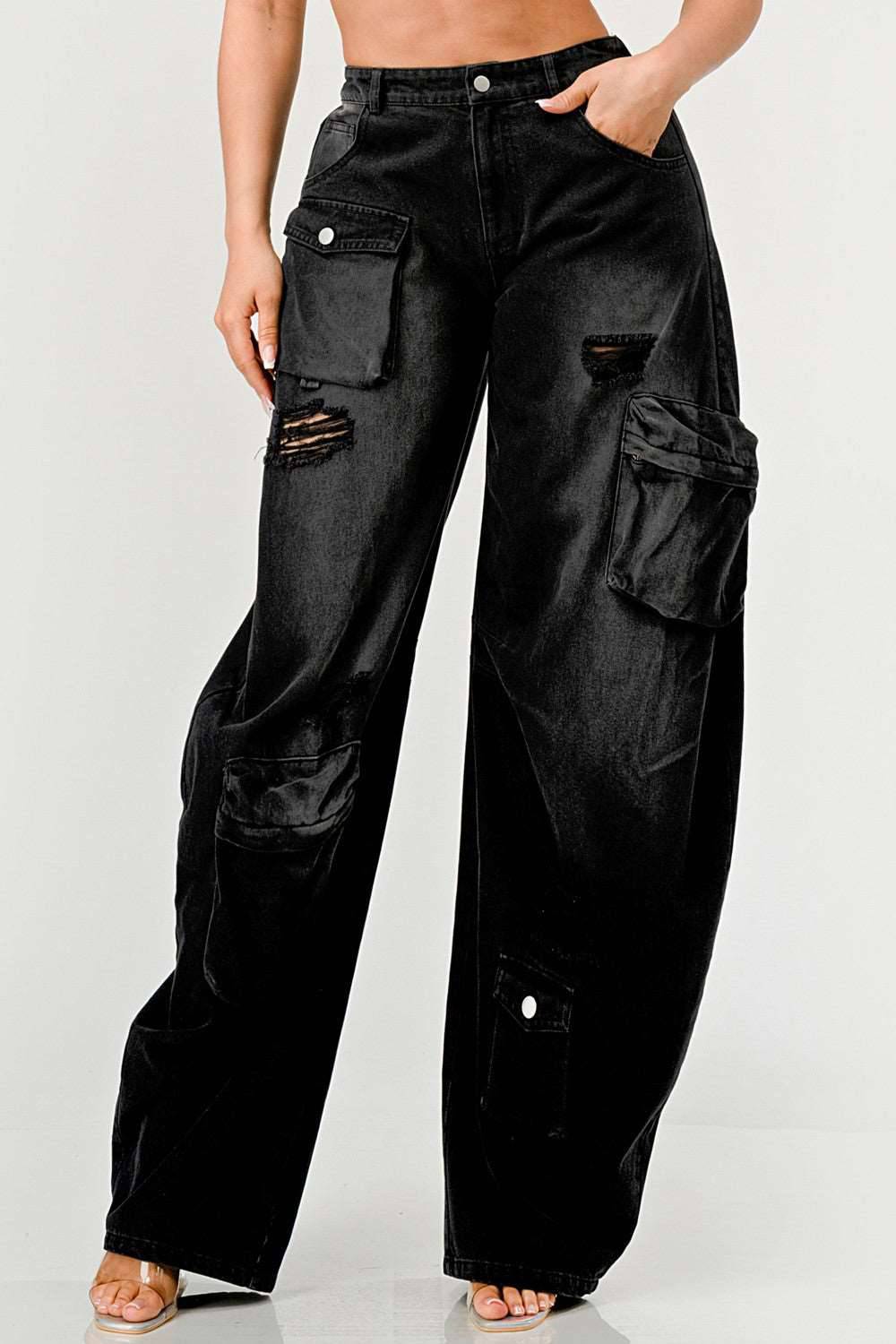 Black Washed Distressed Cargo Jeans: High Waist Loose Denim Pants