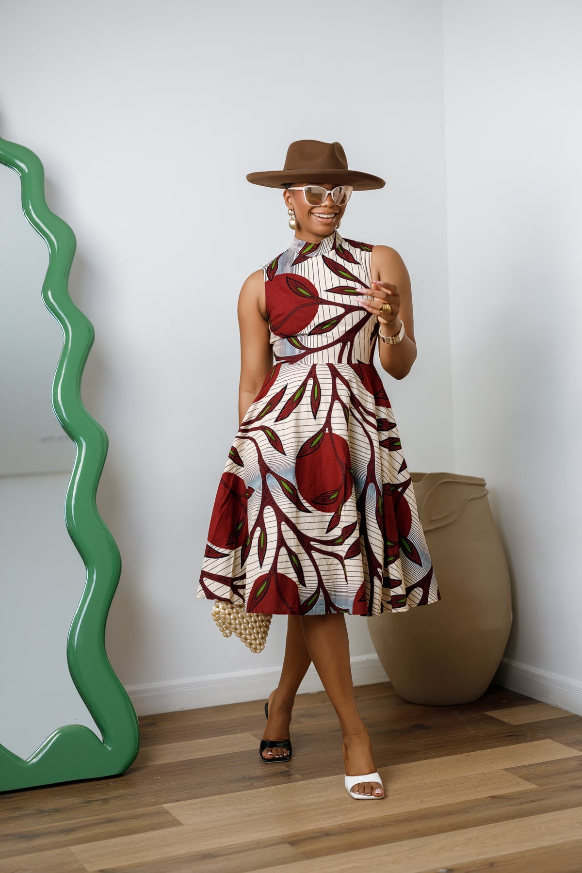 Zuri African Print Midi Dress with High Neck in Red