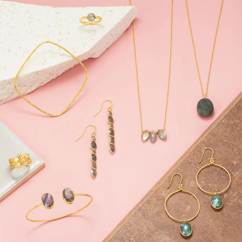 14 karat gold plated sterling silver french wire earrings feature 6 multi-shaped labradorite stones.