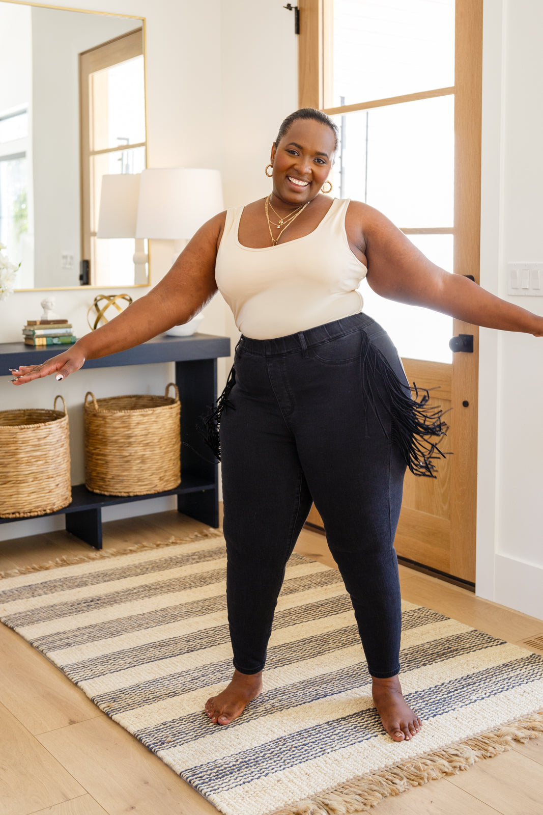 Side Fringe Skinny Jeggings In Black