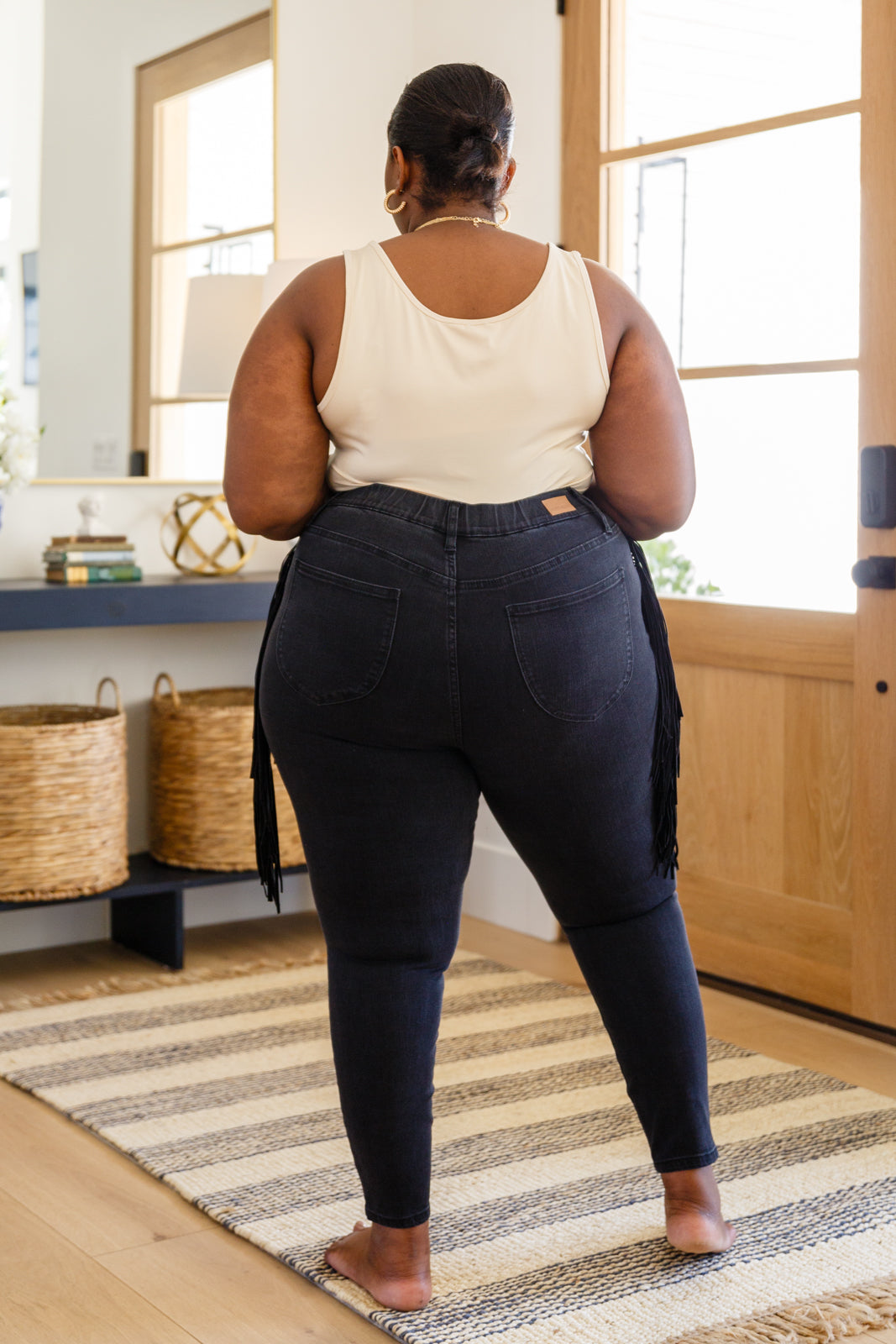 Side Fringe Skinny Jeggings In Black