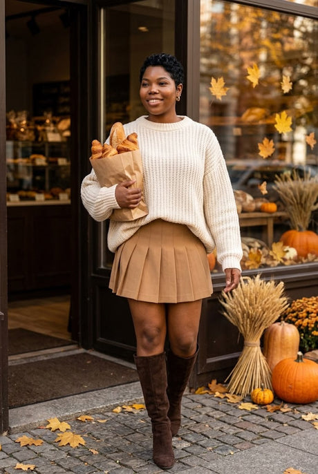 Woman wearing a cream oversized sweater, camel pleated skirt and suede boots