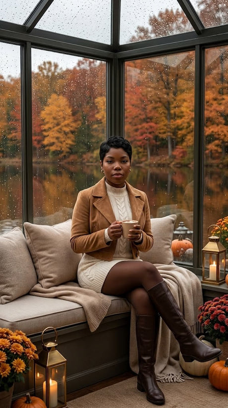 Woman in a cream cable knit sweater dress, camel suede jacket, brown tights and brown knee-high boots holding a latte on a window seat with fall decor