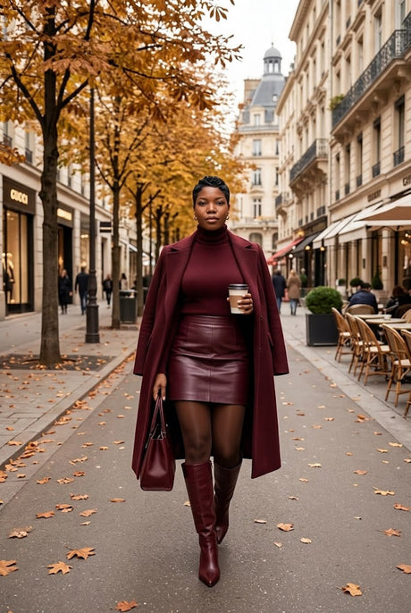 Woman in a burgundy wool coat, turtleneck, leather mini skirt and tall boots walking down a tree-lined street in fall