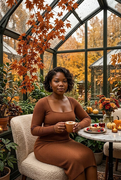 Woman in a brown ribbed sweater dress holding a latte in a fall greenhouse