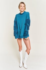 blue Silver Studded Fringe Sleeve Top